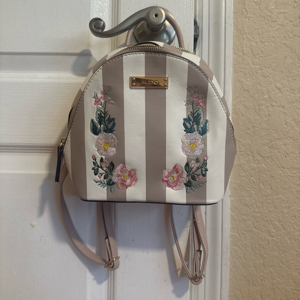Aldo Taupe & White Striped Floral Mini Backpack